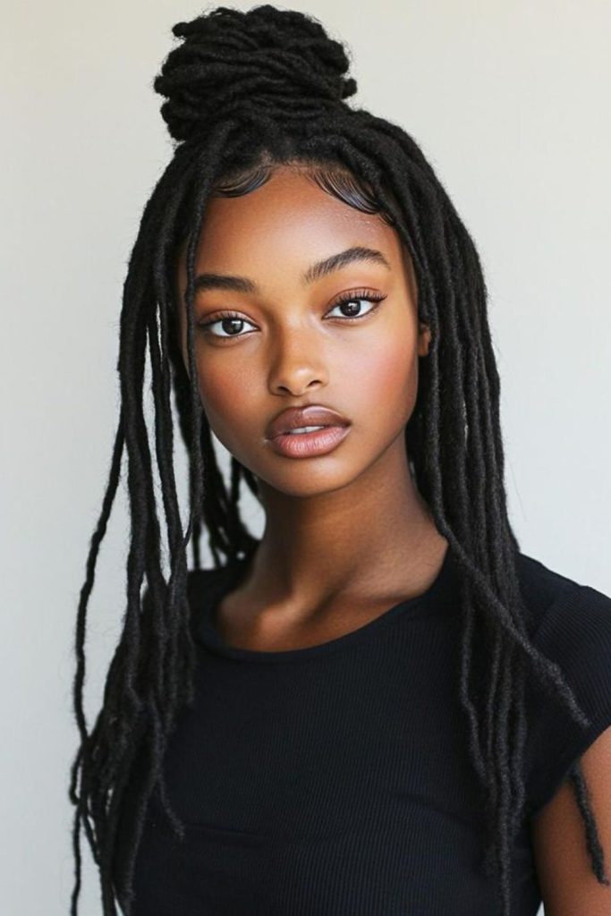 Jewel-pinned loop half up locs