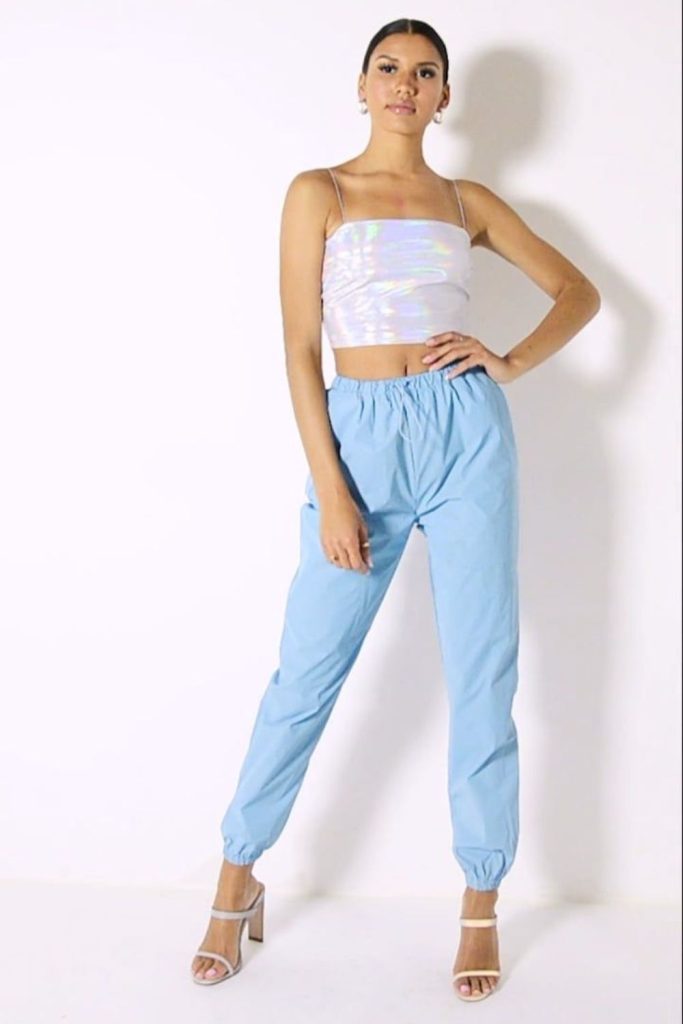 Reflective holographic top straight-cut trousers