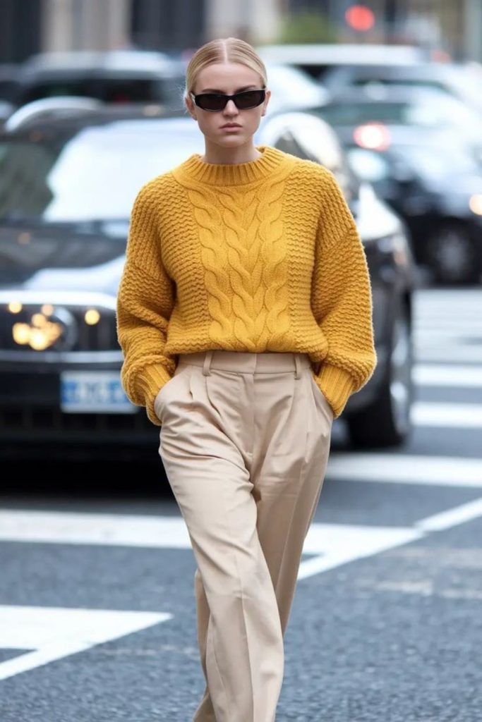 Honey-colored knit sweater layered outfit.