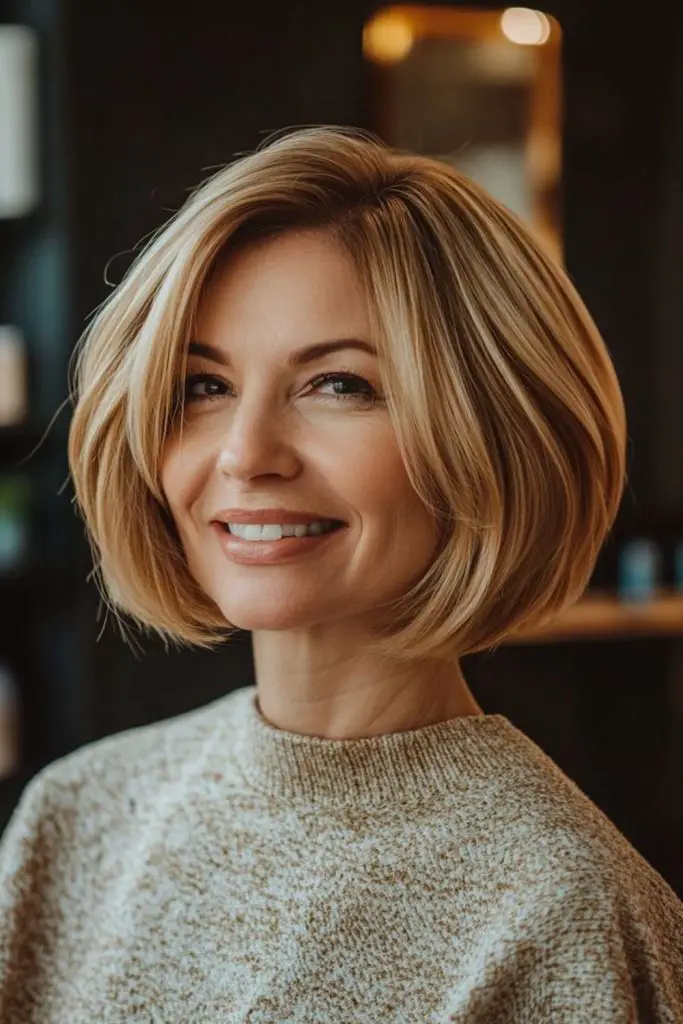 Honey bob hairstyle with wispy fringe.