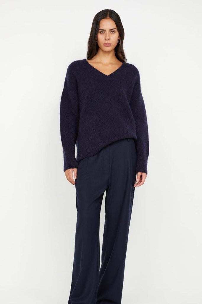 Indigo knit sweater flowing layered outfit.