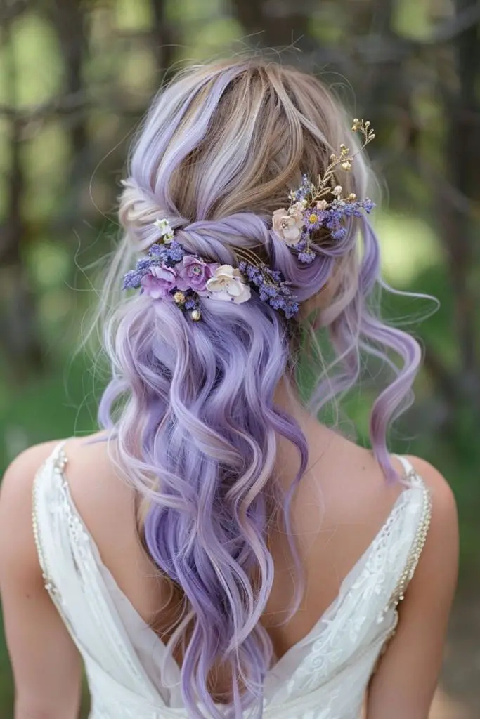 Lavender-adorned half up wedding waves