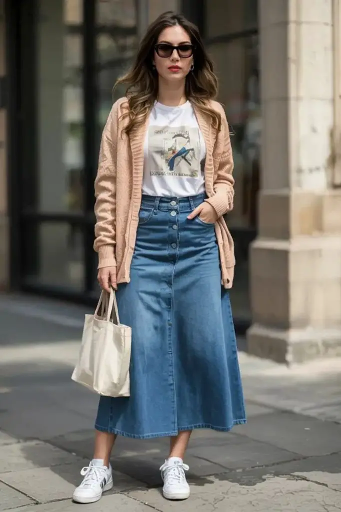 Long cardigan paired with denim skirt.