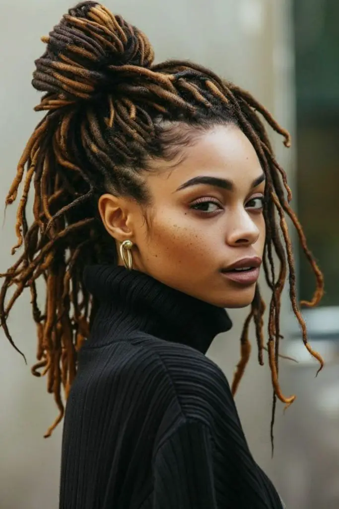 Pulled-back loc crown with softness
