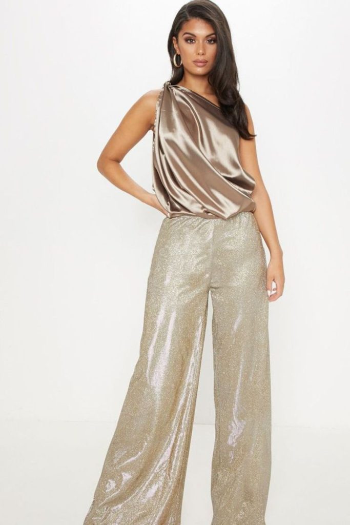 Satin trousers shimmering blouse stylish