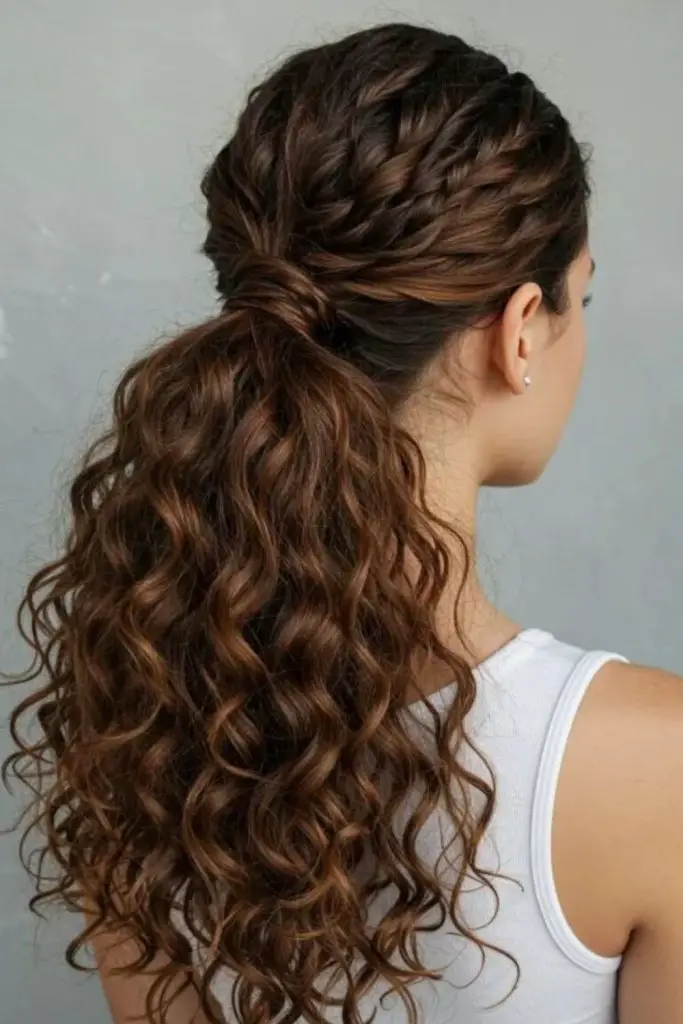 Low curly ponytail with soft volume