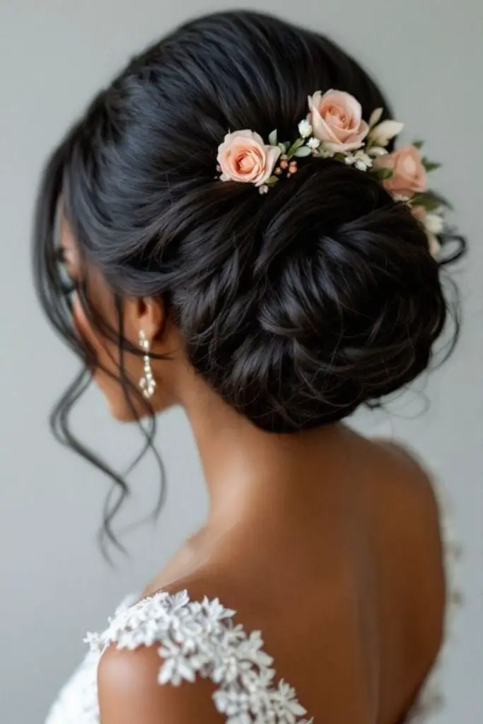Elegant low chignon with flowers