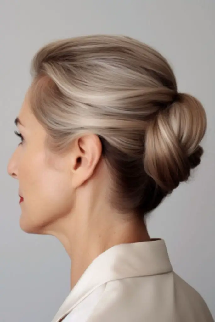 Low chignon bun with romantic wisps.