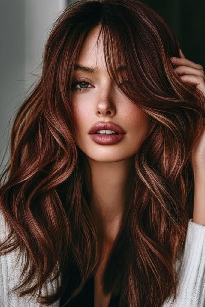 Mahogany sunset waves autumn brunette hue.