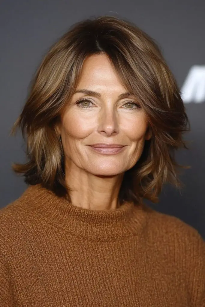 Maple brown bob with sweeping fringe.