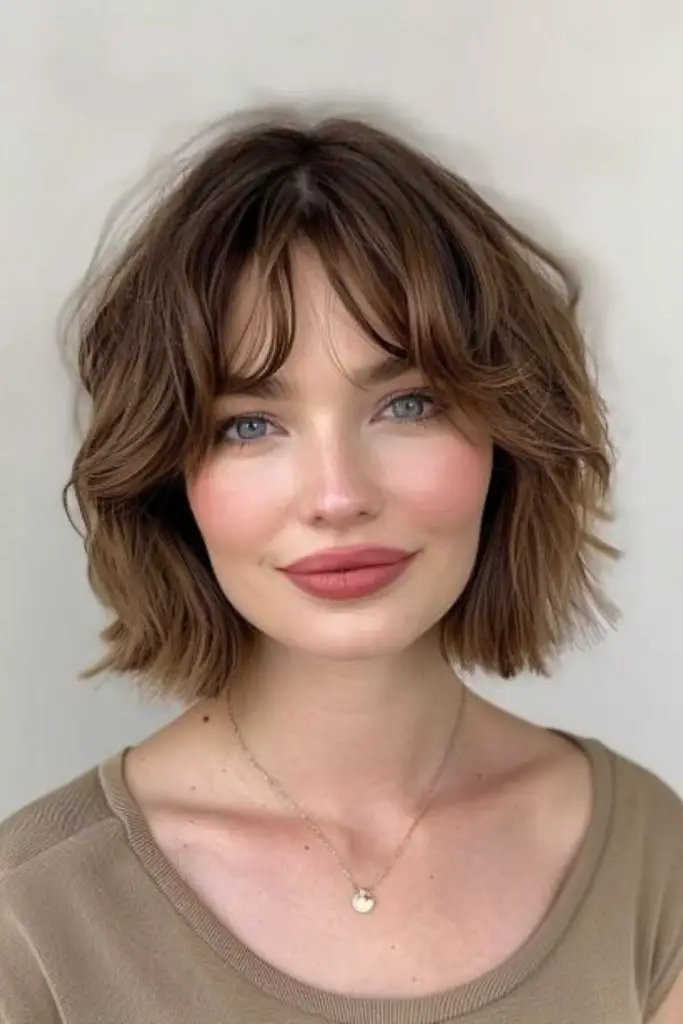 Shiny marble-toned bob with wide arcs.