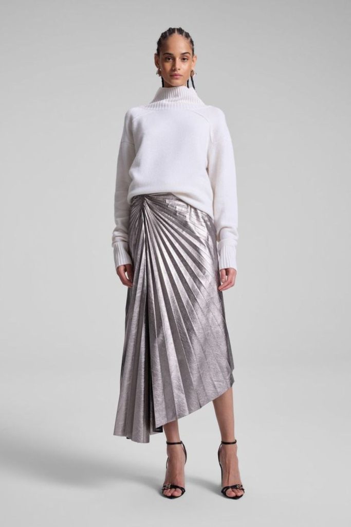 Metallic knit top angular skirt outfit