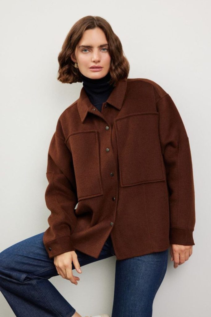 Midnight corduroy jacket layered fall ensemble.