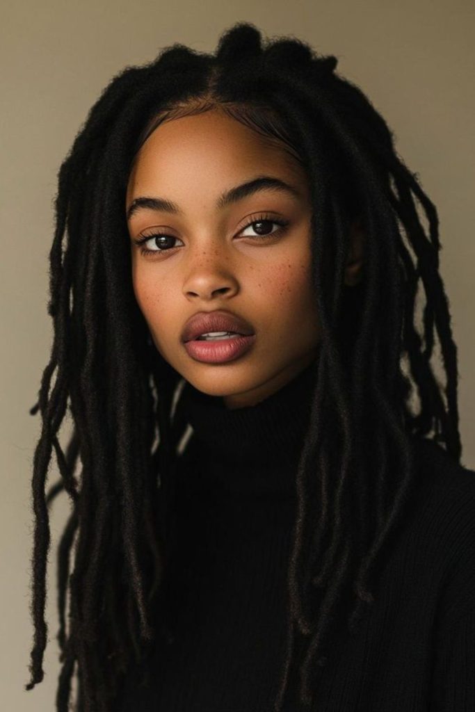 Spiraled glossy locs midnight style