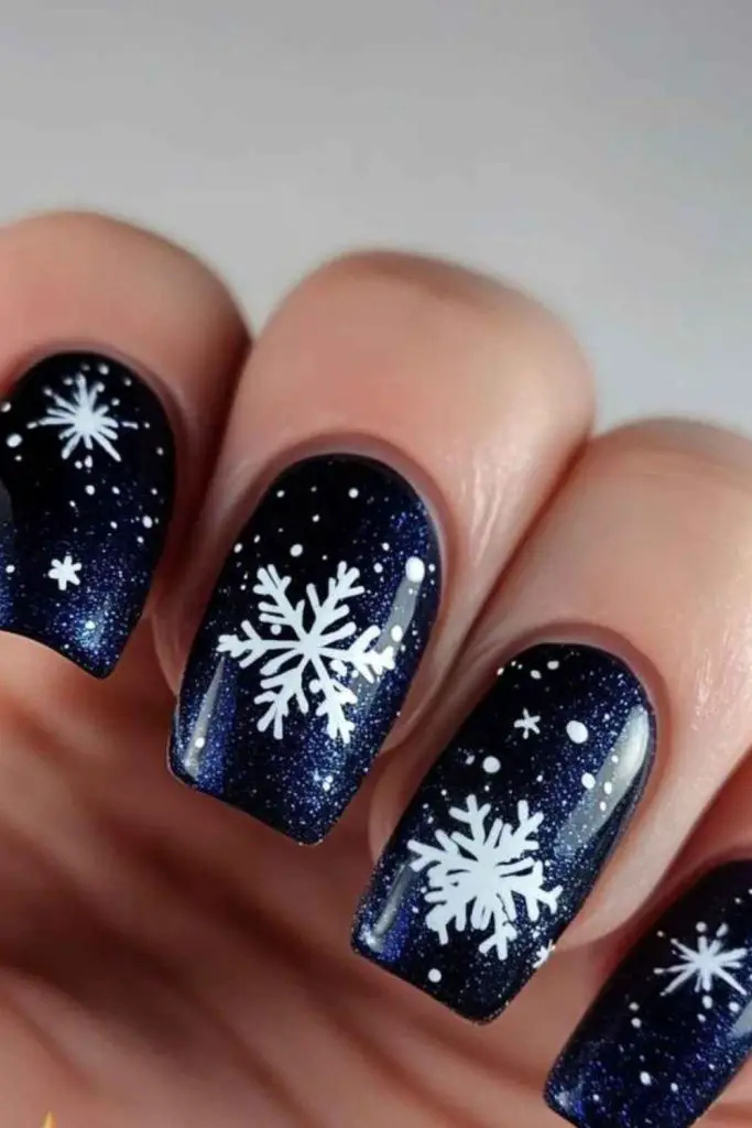 Navy nails white snowflakes stormy effect