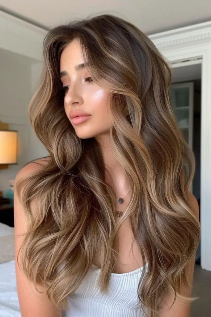 Warm caramel highlights on brunette base