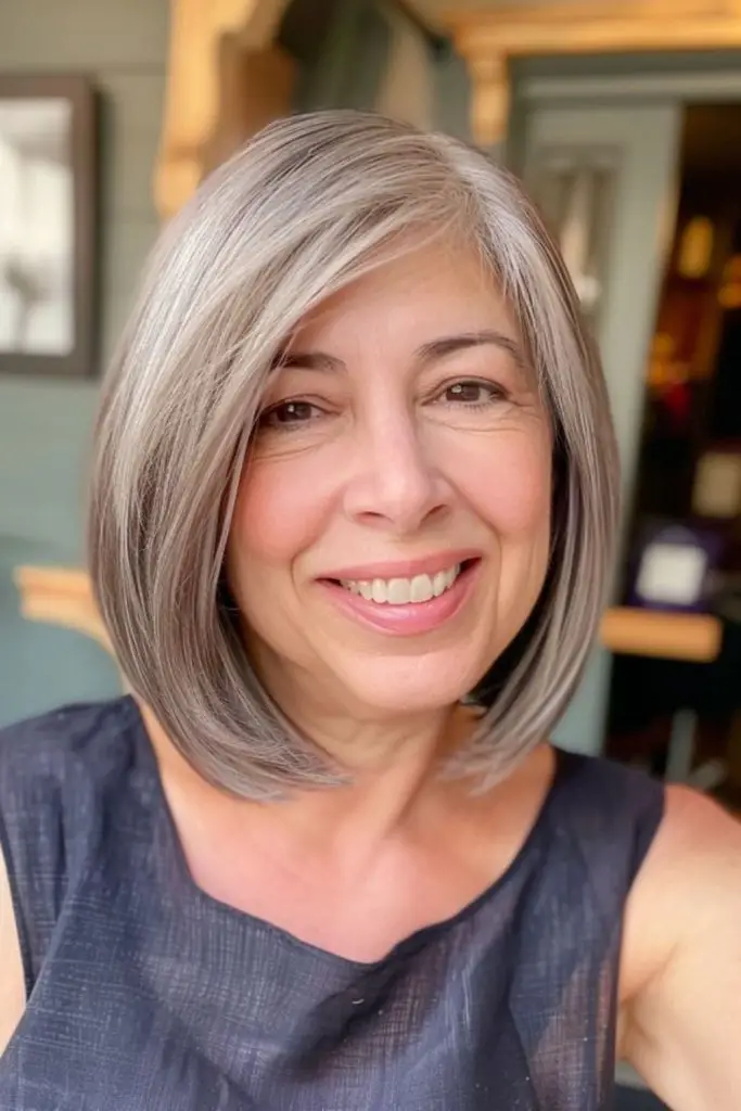 Sleek bob with moonlit glossy shine.