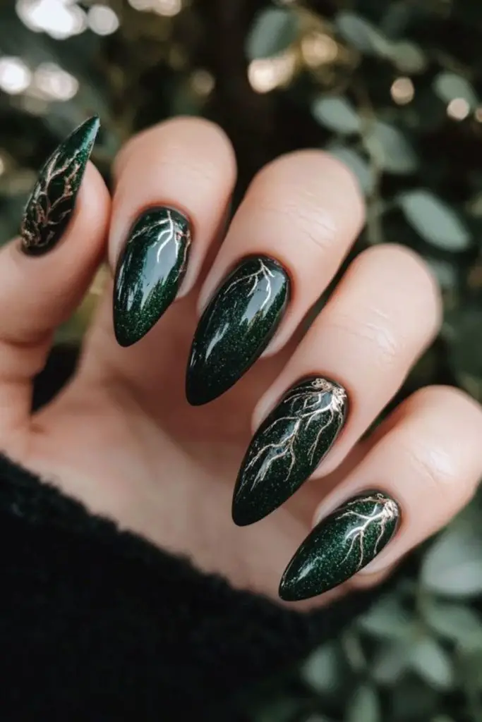 Dark emerald forest enchanted acrylic nails