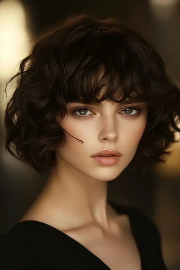 Dark layered bob with sneaky curls.