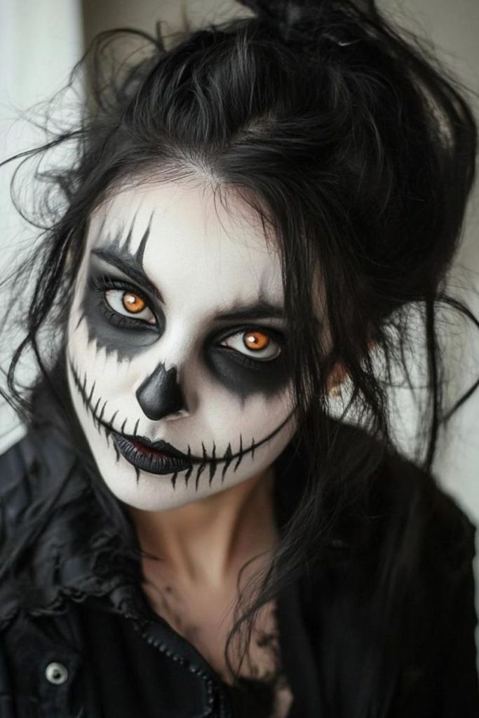 Nightmare clownette with messy black pigtails