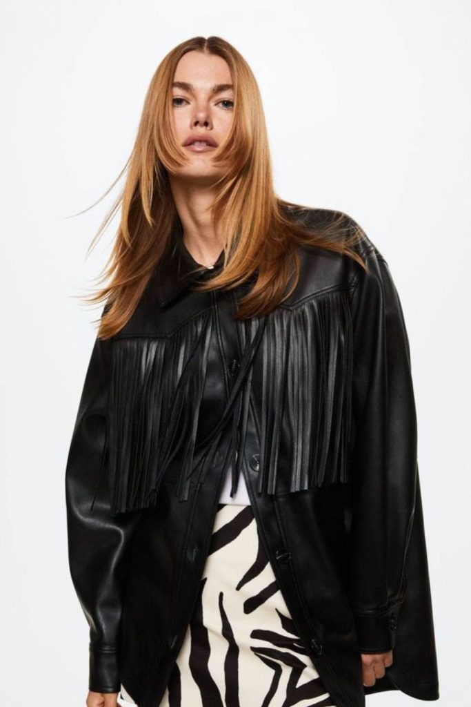 Leather fringe satin blouse dramatic motion