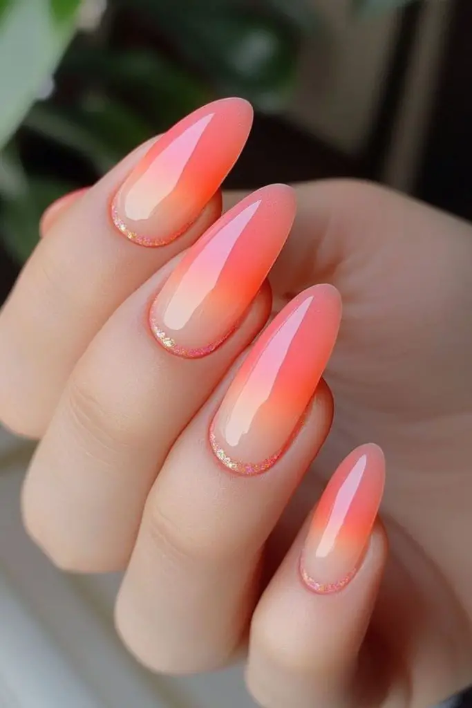 Glossy peach radiant summer acrylic nails