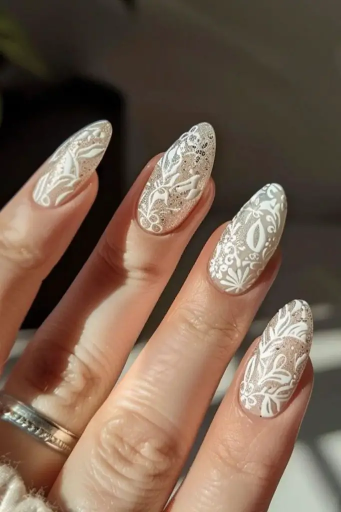 Pearl lace elegant bridal inspired nails