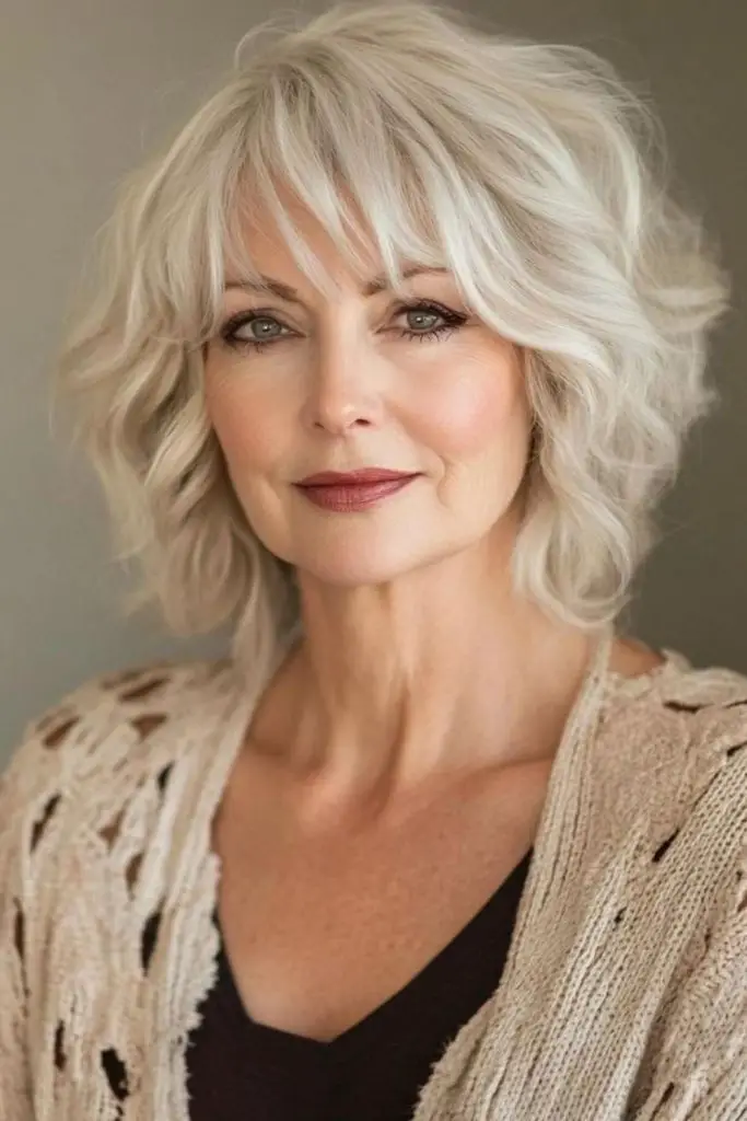 Pearly bob hairstyle with airy bangs.