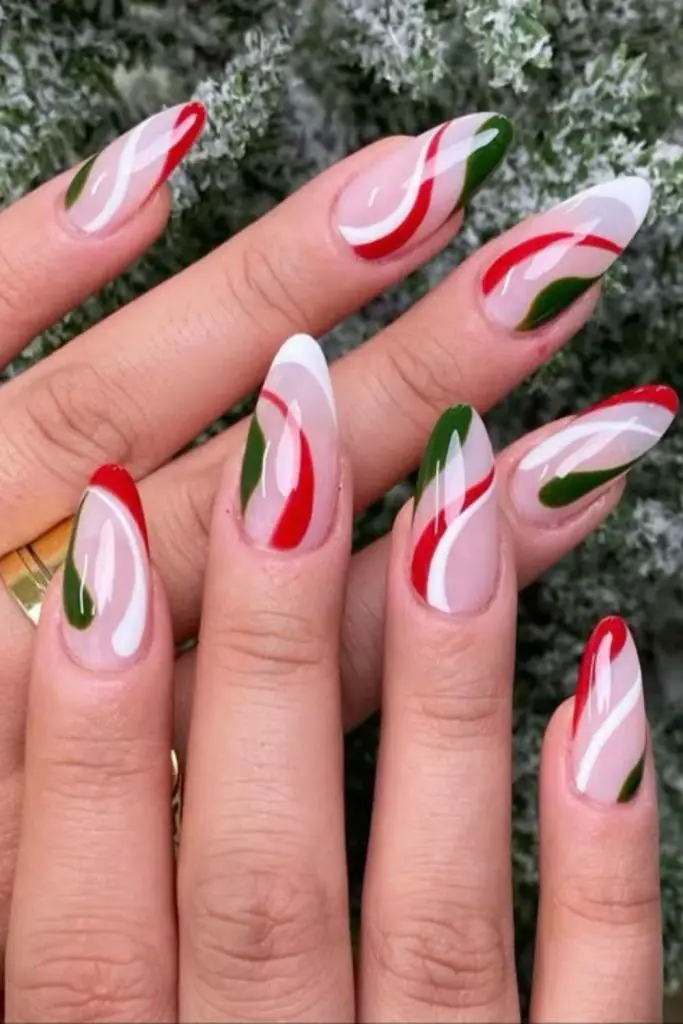 White red mint nails festive swirl