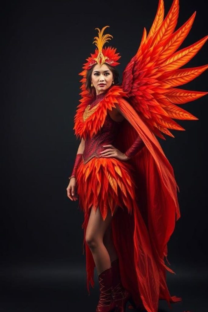 Phoenix queen rising with blazing hair.