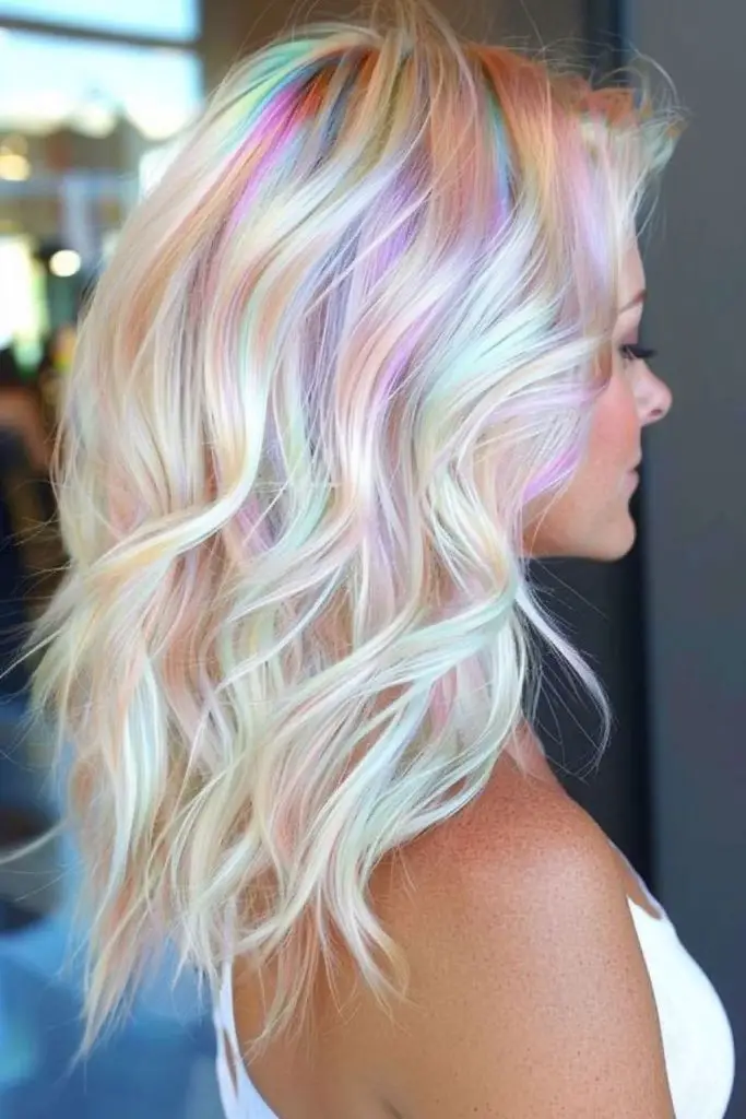 Pastel pink streaks on platinum hair