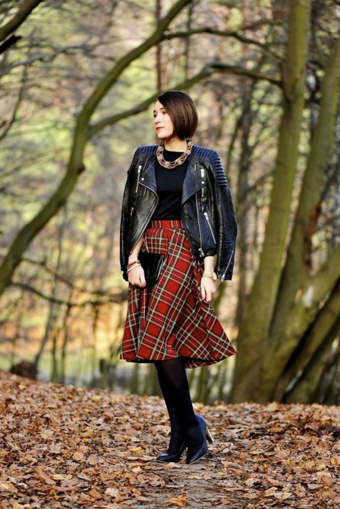 Tartan skirt leather jacket punk style