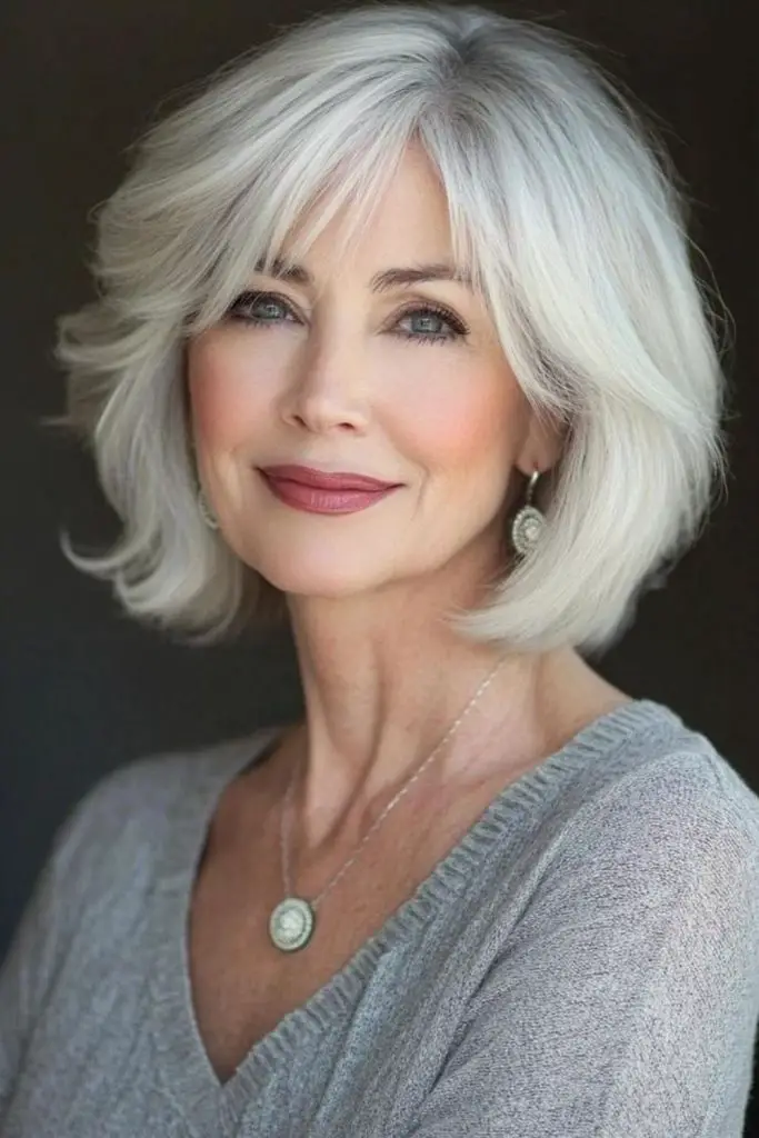 Platinum bob style with breezy bangs.