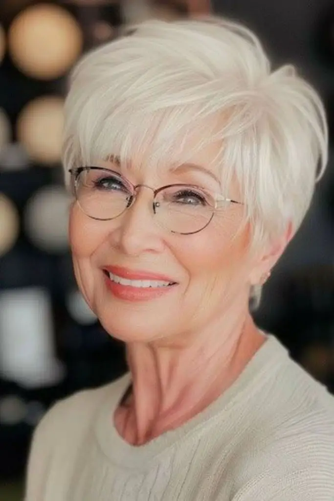 Platinum pixie cut with feathered edges.