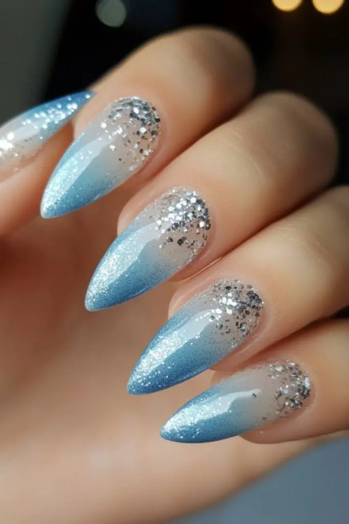 Transparent nails silver blue icy shards