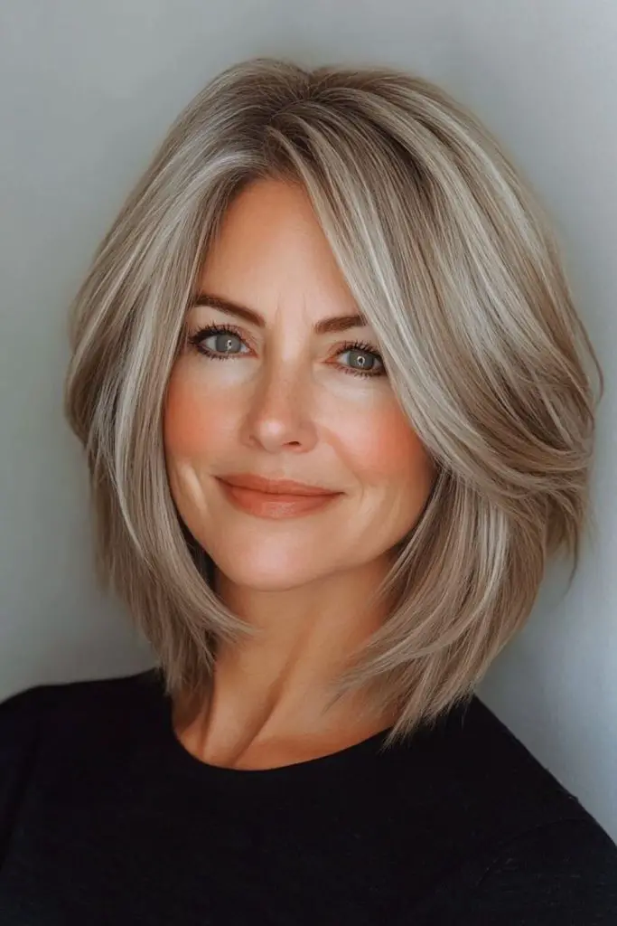 Polished lob with swooped side bangs.