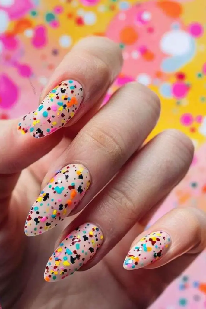 Multicolored confetti playful party nail art
