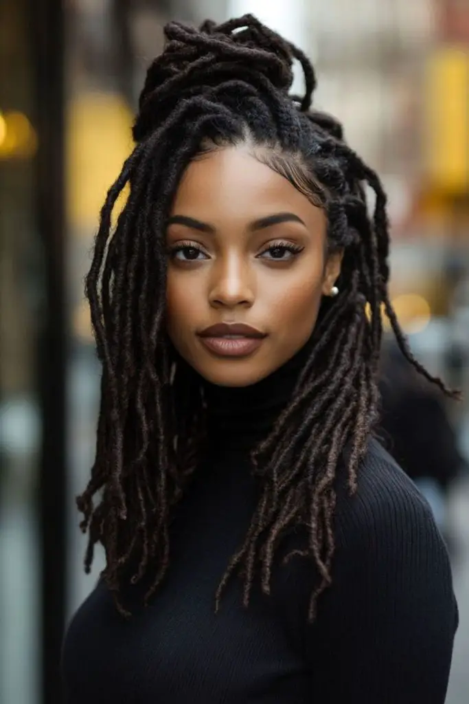 Circular bun wrapped with wild locs