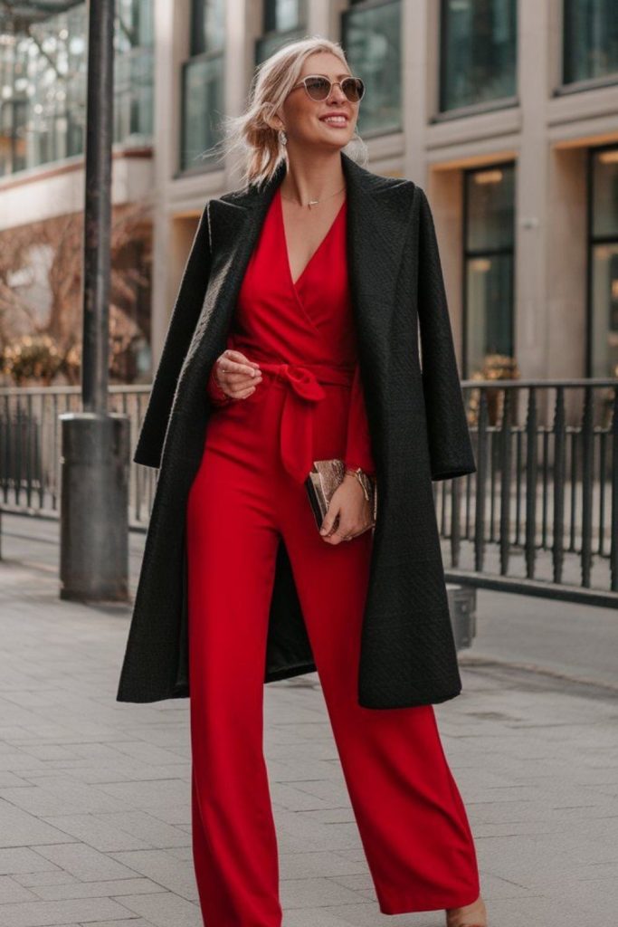 Black coat with monochrome jumpsuit and platform shoes