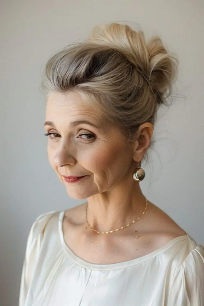 Loose romantic updo with soft twists.