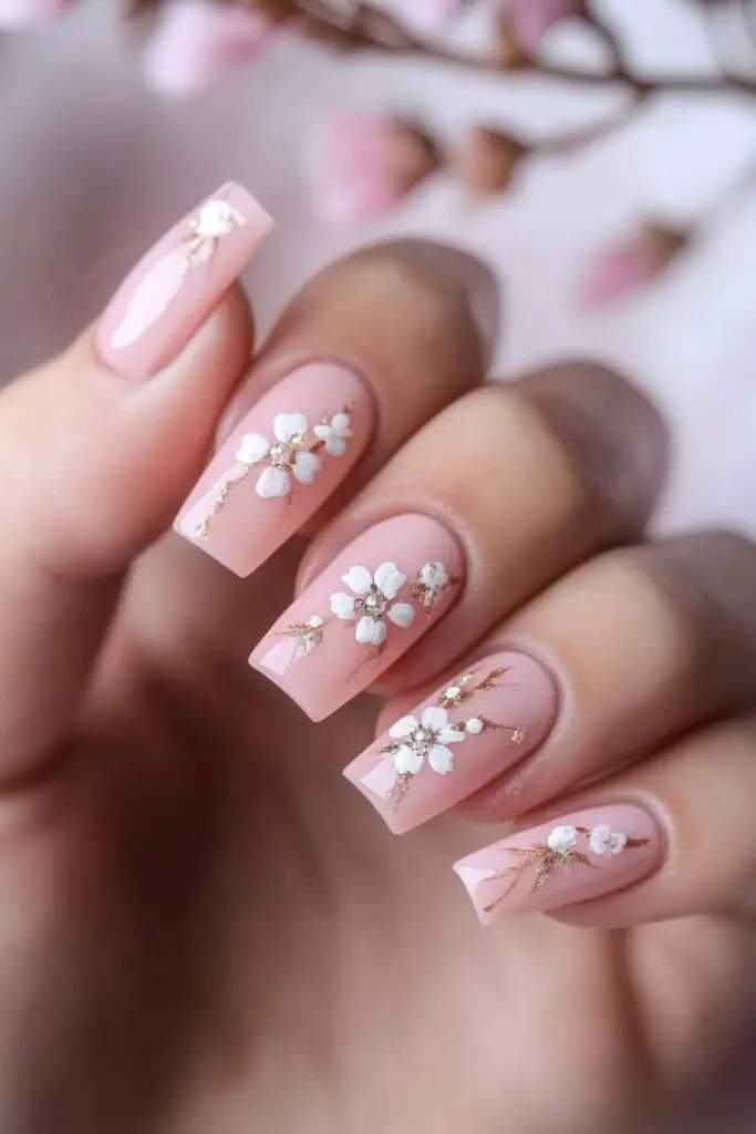 Rose quartz halo soft bridal nails.