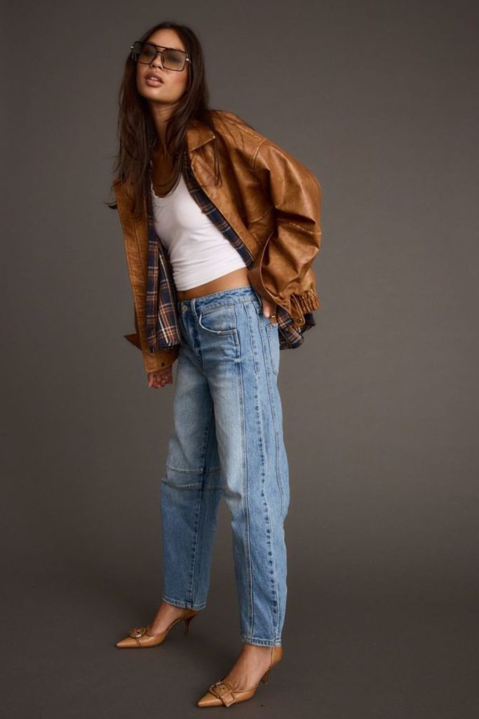 Rust leather jacket autumn layered outfit.