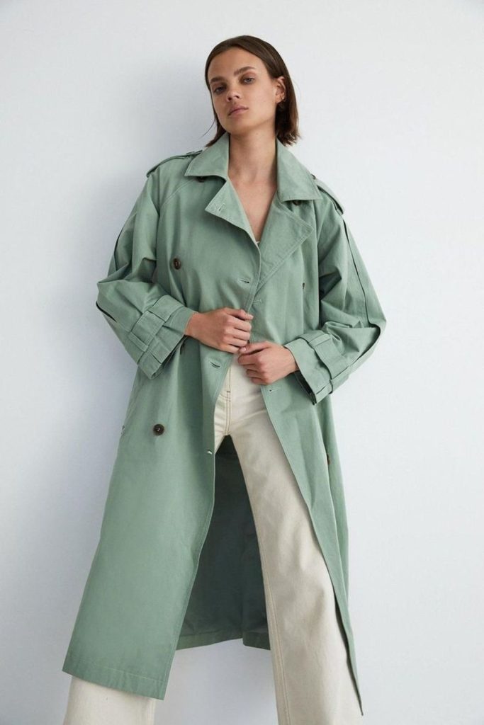 Sage wool coat layered autumn fashion.