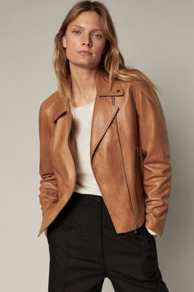Sepia leather jacket autumn layered style.