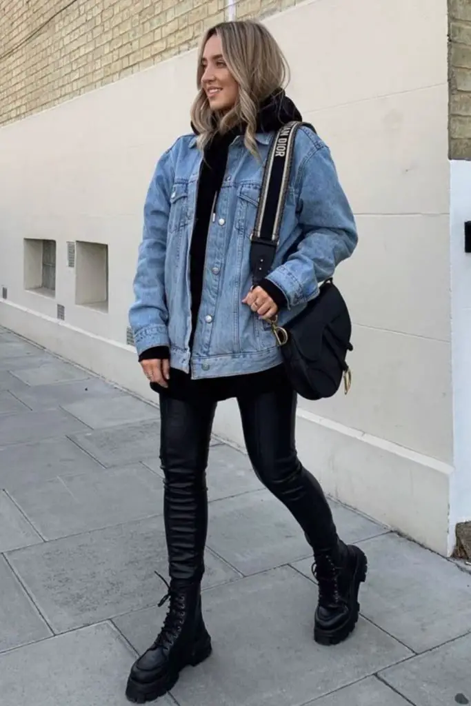 Sherpa denim jacket and moto boots.