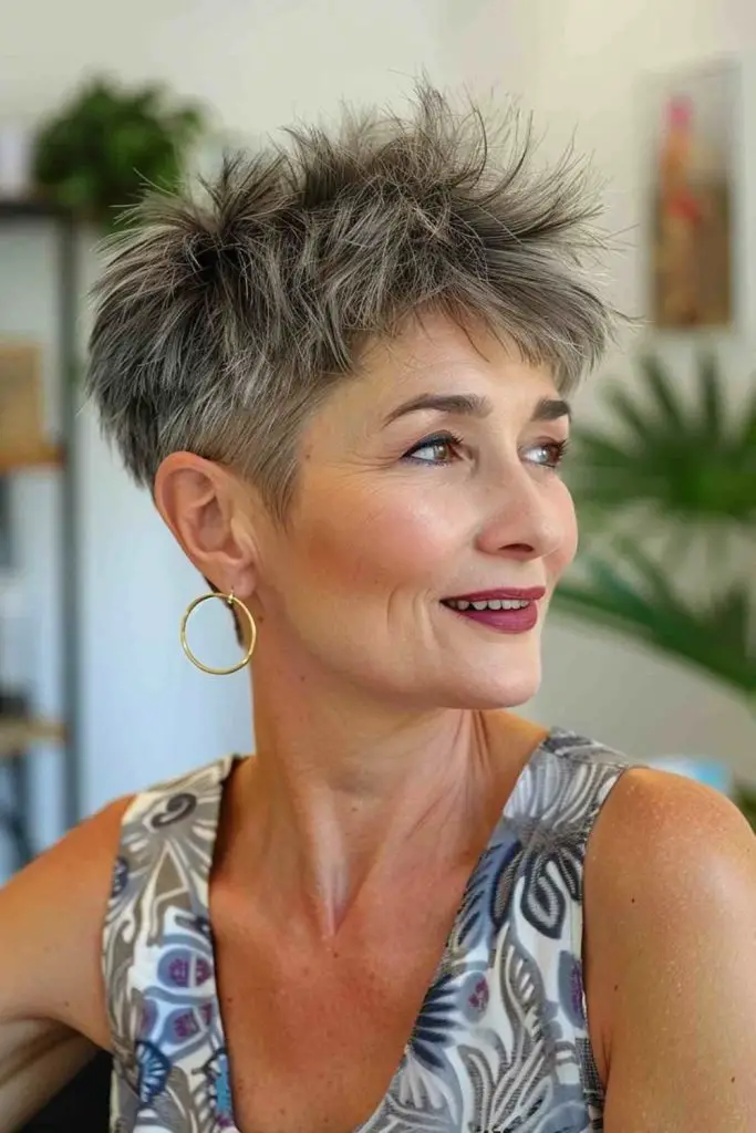 Short spiky pixie with bold lift.