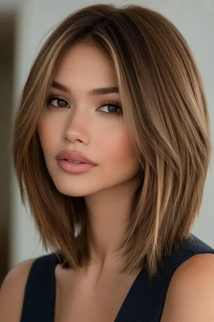 Shoulder length curtain bob with bangs