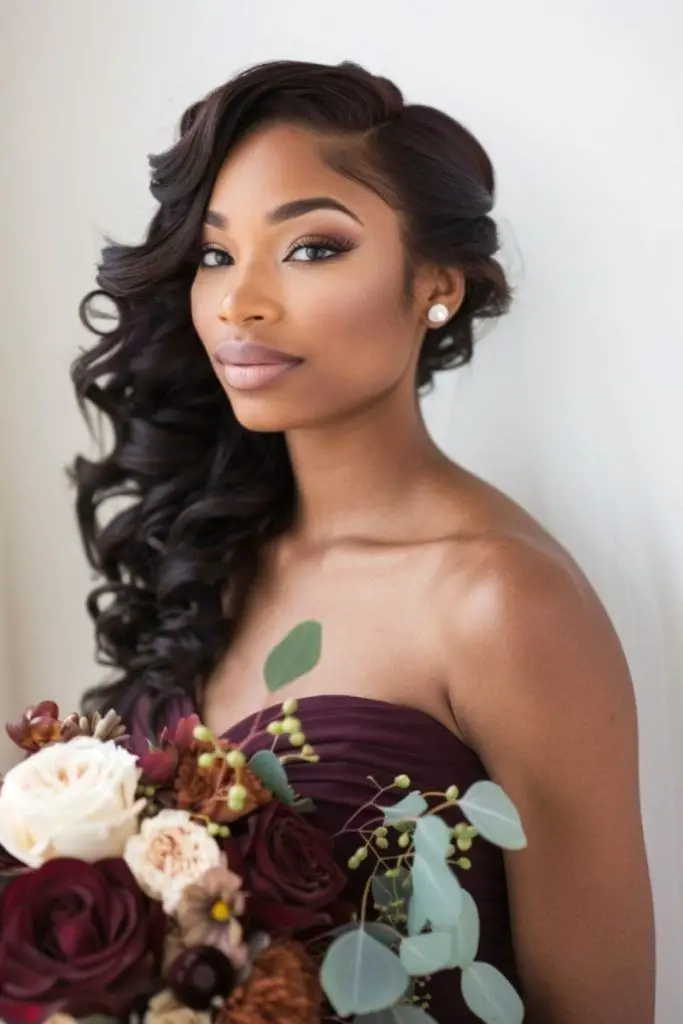 Side swept curls bridal glamour