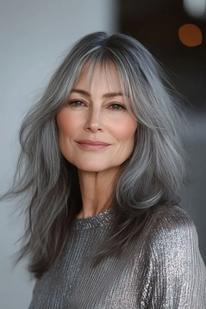 Silver layered hair with curtain bangs.