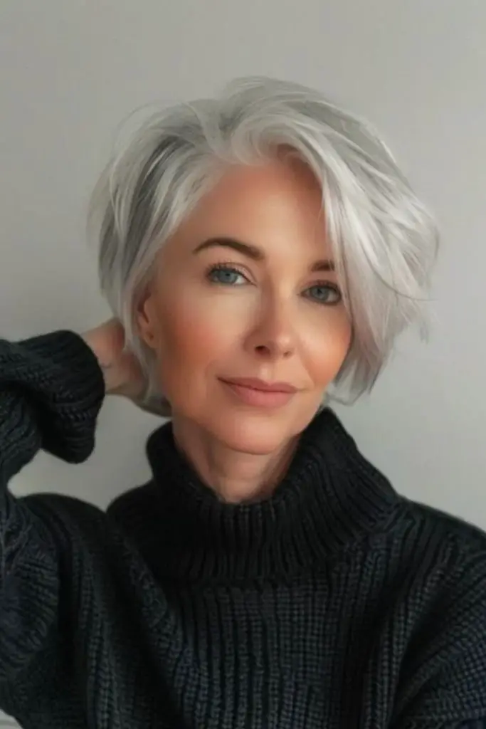 Soft silver bob with layered elegance.